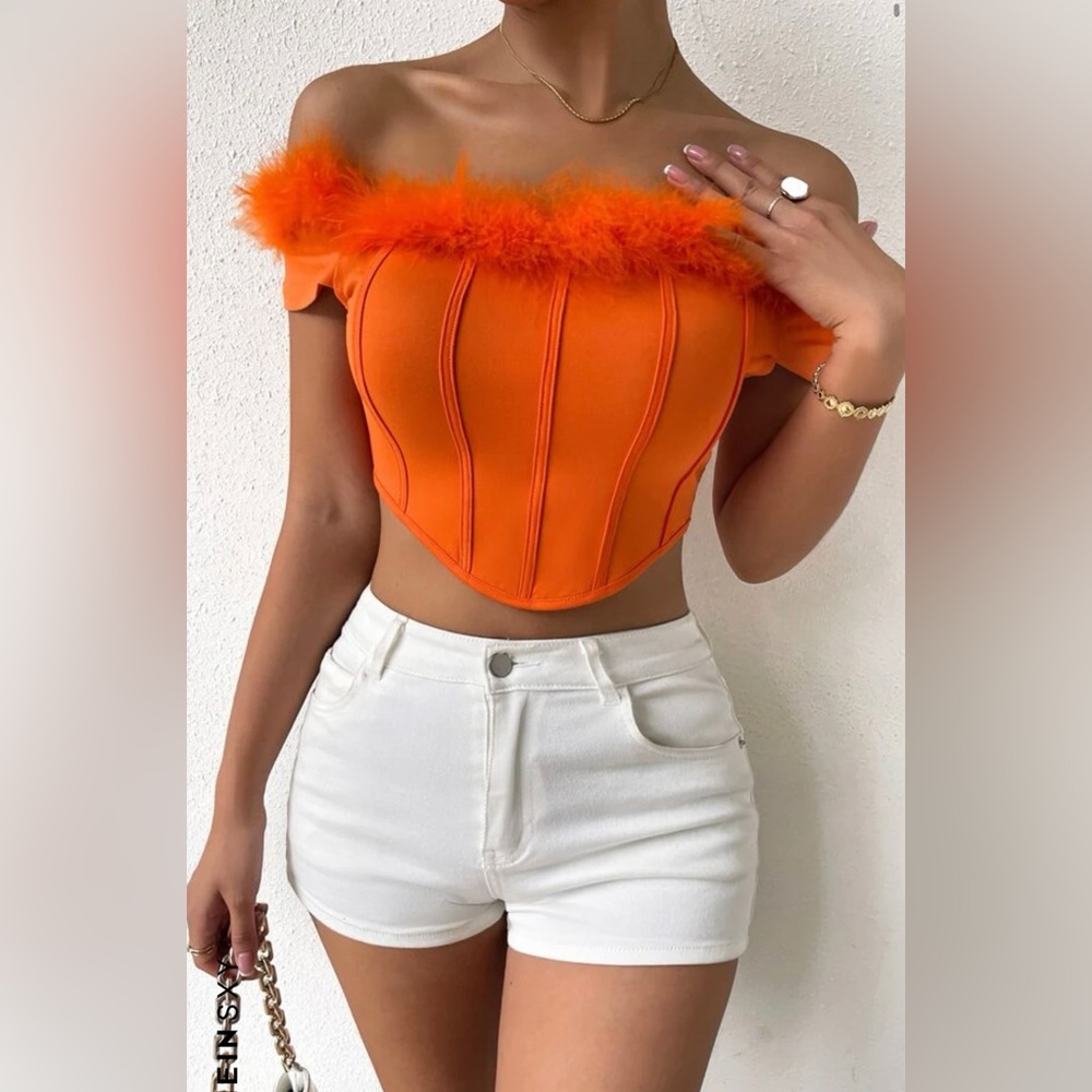 SHEIN SXY Fuzzy Trim Off Shoulder Asymmetrical Hem Crop Tee